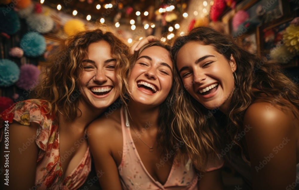 Generation Z women laughing and having fun in a vibrant studio setting celebrating their friendship and good times Multicultural friends enjoy the weekend together - obrazy, fototapety, plakaty 