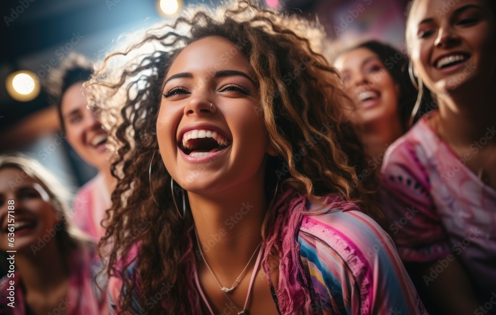 Generation Z women laughing and having fun in a vibrant studio setting celebrating their friendship and good times Multicultural friends enjoy the weekend together