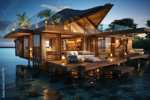 romantic overwater bungalow resort and spa, surrounded by crystal-clear waters. Highlight private decks, direct access to the ocean, and world-class couples' wellness experiences.Generated with AI