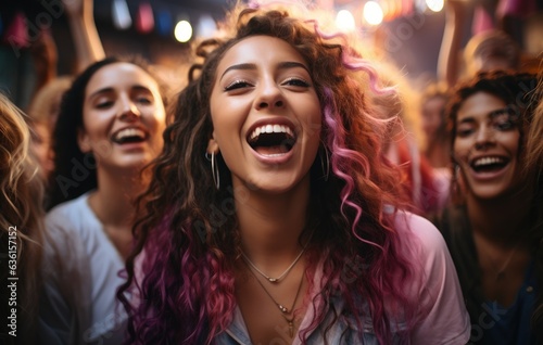 Generation Z women laughing and having fun in a vibrant studio setting celebrating their friendship and good times Multicultural friends enjoy the weekend together © ND STOCK
