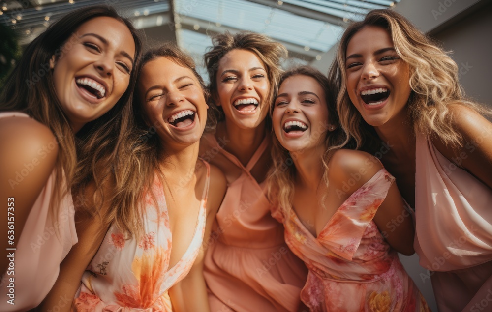 Obraz premium Generation Z women laughing and having fun in a vibrant studio setting celebrating their friendship and good times Multicultural friends enjoy the weekend together
