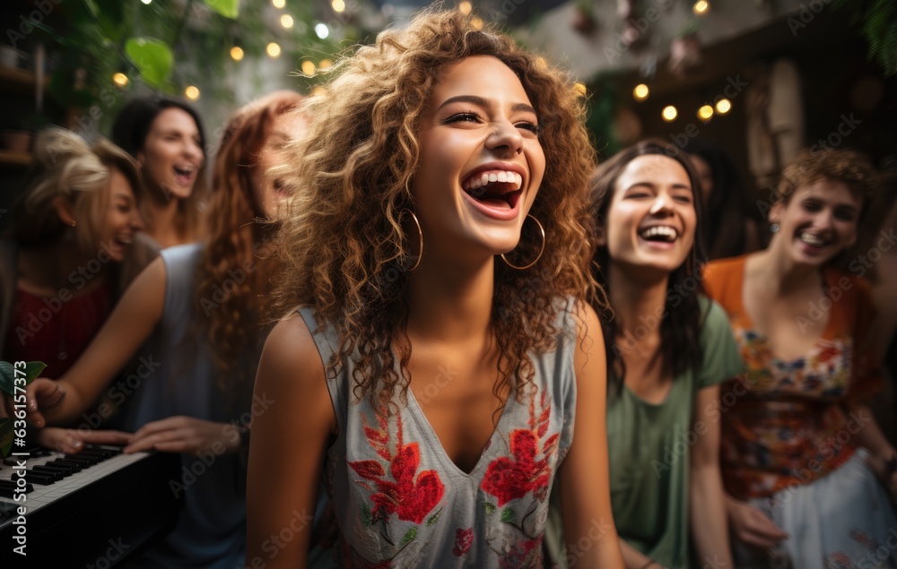 Generation Z women laughing and having fun in a vibrant studio setting celebrating their friendship and good times Multicultural friends enjoy the weekend together Generation Z women laughing and having fun in a vibrant studio setting celebrating their friendship and good times Multicultural friends enjoy the weekend together