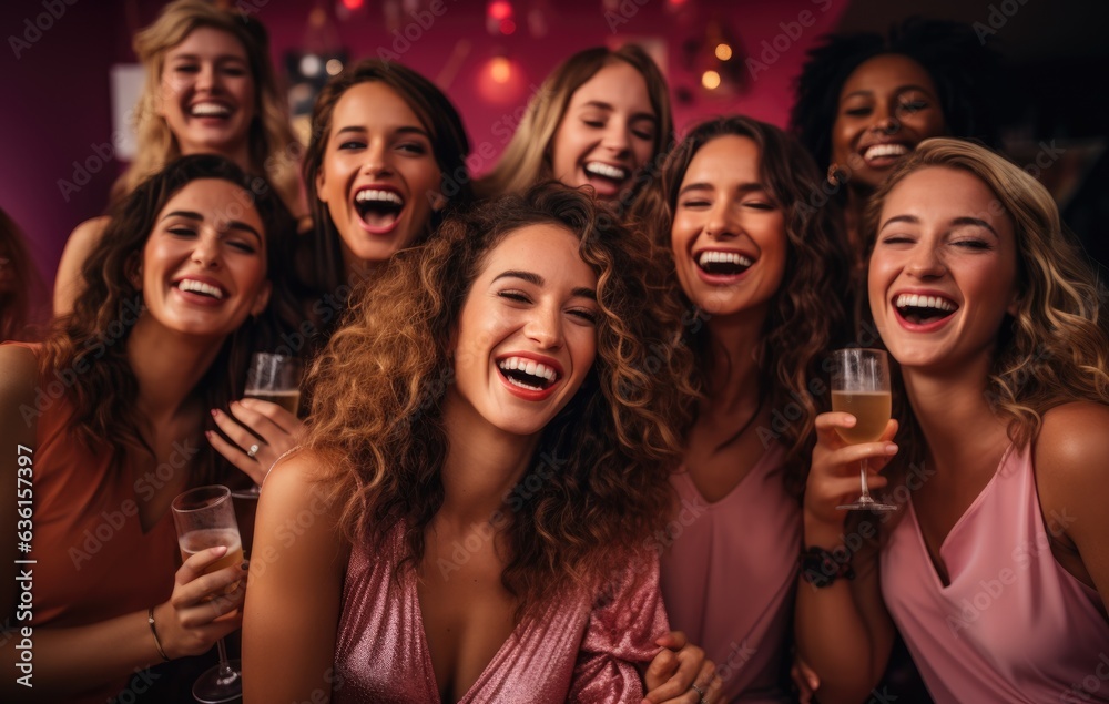 Generation Z women laughing and having fun in a vibrant studio setting celebrating their friendship and good times Multicultural friends enjoy the weekend together