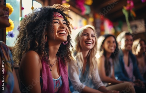 Generation Z women laughing and having fun in a vibrant studio setting celebrating their friendship and good times Multicultural friends enjoy the weekend together