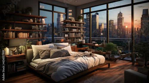 Modern Urban Living Bedroom background: Small Apartment Room with a Cityscape View, lifestyle concept