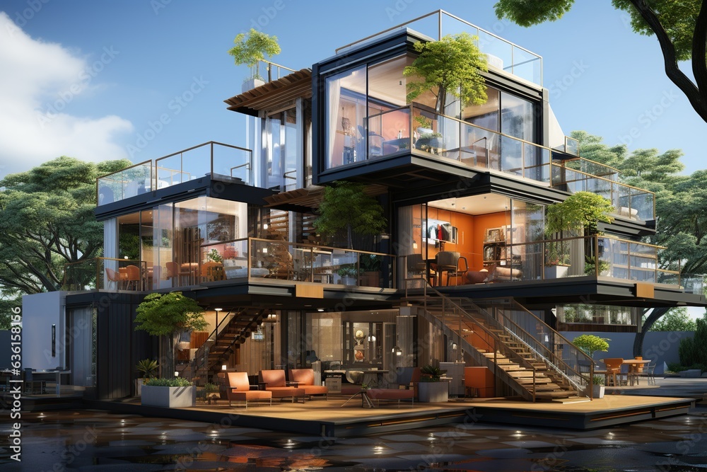 Obraz premium Design a multi-level container house, showcasing how stacking containers can create.Generated with AI