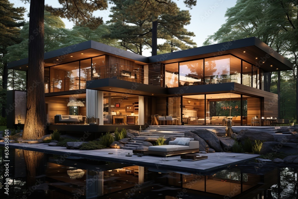 Fototapeta premium stylish American Mid-Century Modern home, highlighting clean lines, large glass windows, and open spaces that celebrate the integration of architecture with nature. Generated with AI