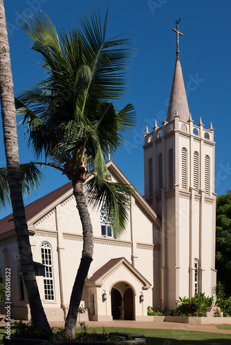 Daytime view of the Maria Lanakila Catholic Church in the town of Lahaina, Maui, Hawaii