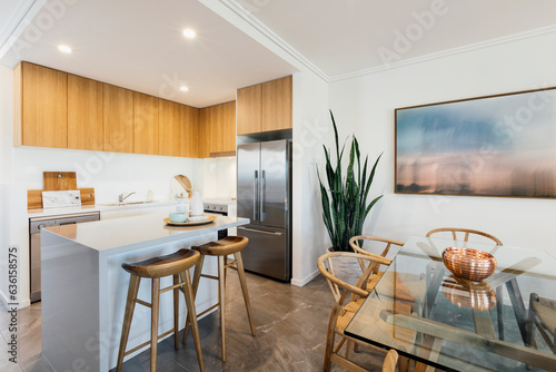 Open plan kitchen and living space inside modern home