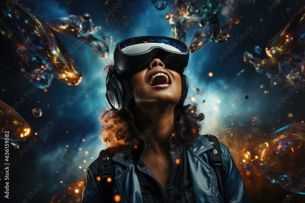 Girl wearing virtual reality headset. VR goggles innovation technology. Generative AI Girl wearing virtual reality headset. VR goggles innovation technology. Generative AI