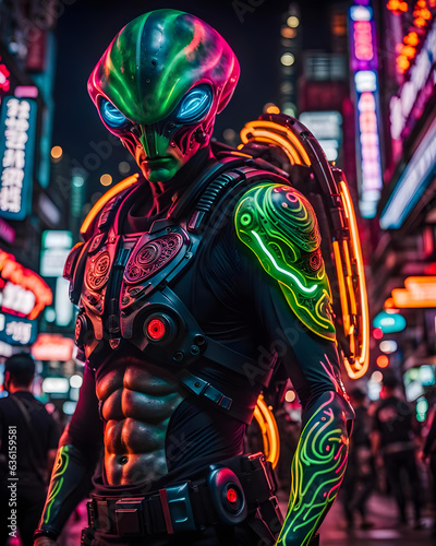 illustration of a creepy alien warrior in his armor in a city at night - generative ai