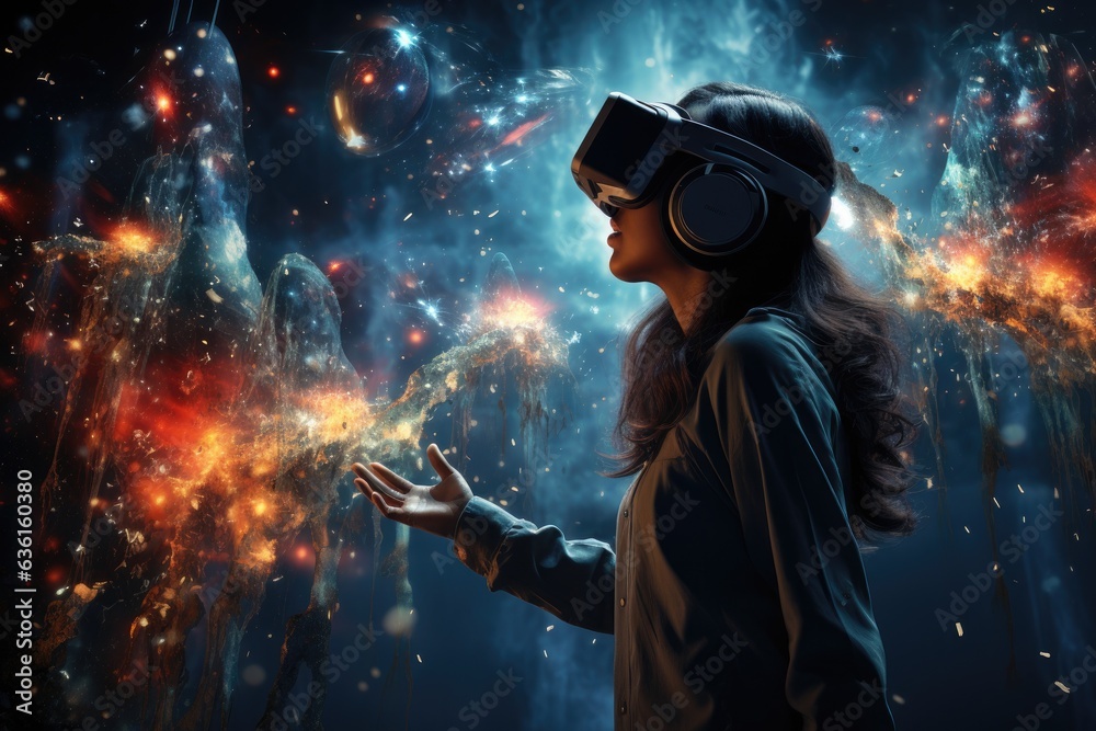Girl wearing virtual reality headset. VR goggles innovation technology. Generative AI Girl wearing virtual reality headset. VR goggles innovation technology. Generative AI