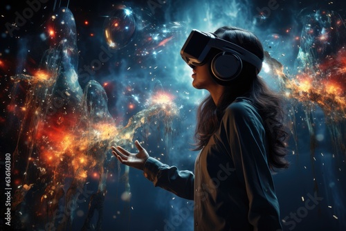 Girl wearing virtual reality headset. VR goggles innovation technology. Generative AI © itchaznong