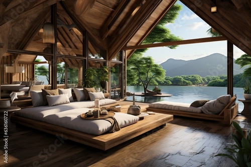 Thai-style wooden lodge designed for relaxation and meditation, Generated with AI © Chanwit