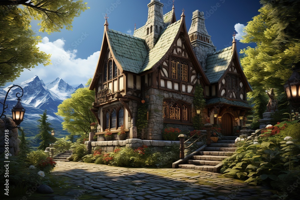 bold American Tudor-style house with steeply pitched roofs, half-timbering, and medieval-inspired elements. Highlight its unique character and the cozy, storybook atmosphere.Generated with AI