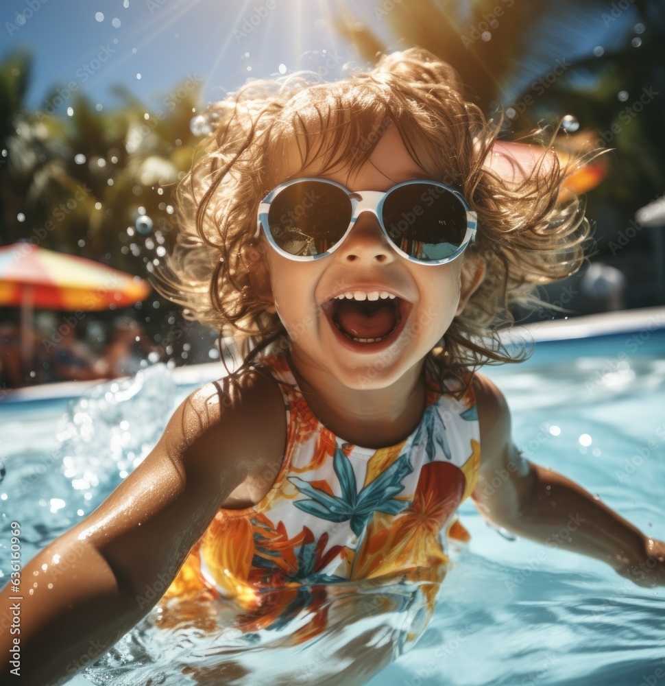 Smiling cute little child in sunglasses in pool in sunny day playing with inflatable and water