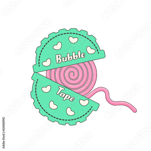 Bubble gum in roll. Classic 80’s or 90’s bubble tape. Retro sweet Chewing Gum. Y2k trendy sticker, fashion patch, badge, emblem.
