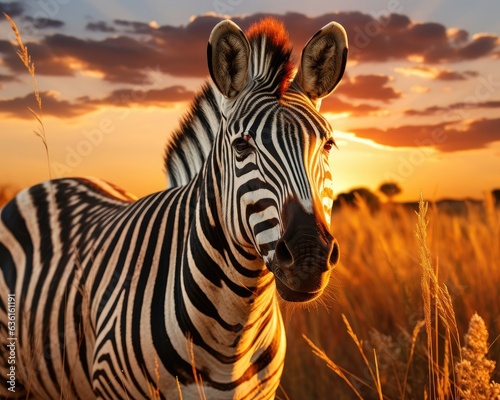 A zebra peacefully grazing in the Serengeti grasslands at sunset.