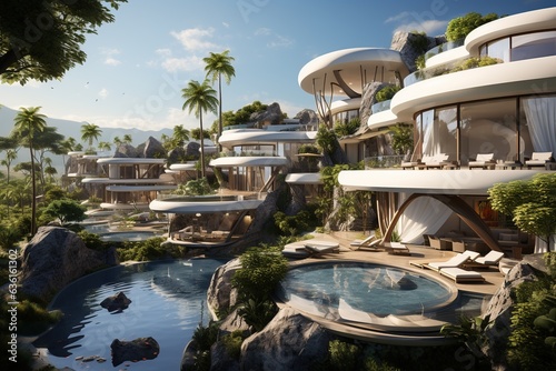 Sketch a contemporary art-inspired resort and spa, showcasing avant-garde architecture, art installations, and holistic wellness experiences that blend creativity with relaxation.Generated with AI © Chanwit