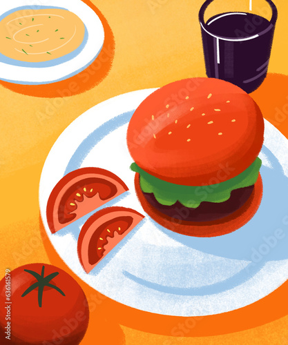 illustration of a plate with a mouthwatering hamburger photo