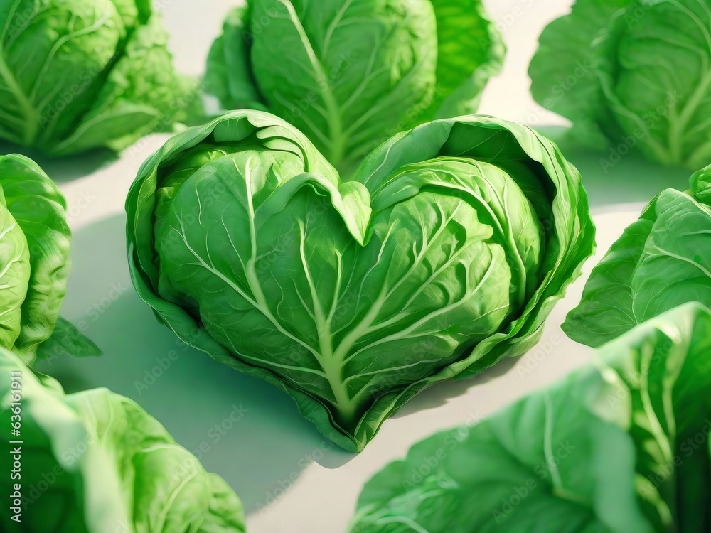Fototapeta premium Heart shape made with green cabbage leaves vegetable, AI generated