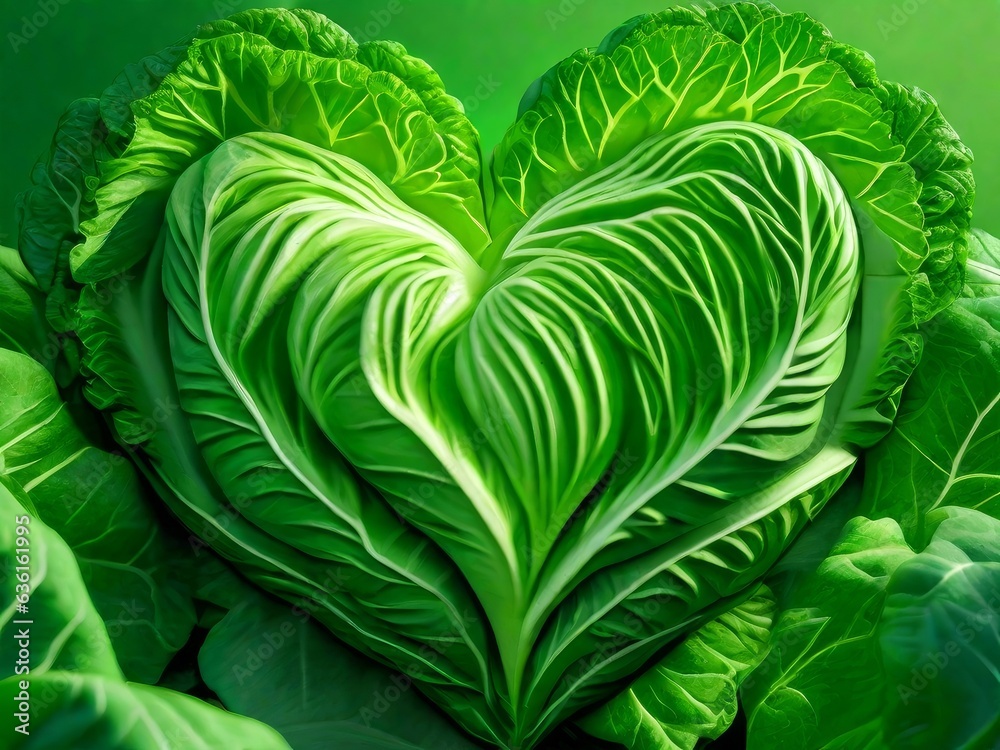 Heart shape made with green cabbage leaves vegetable, AI generated Heart shape made with green cabbage leaves vegetable, AI generated