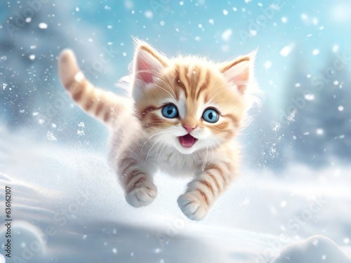 Kitten jumping in the snow in winter, AI generated