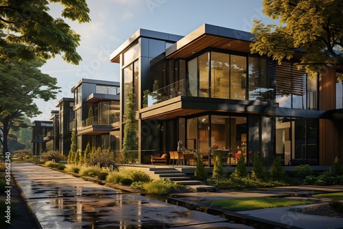 sleek and contemporary American urban townhouse, emphasizing efficient use of space, minimalist design, and vertical living that fits within a vibrant city neighborhood.Generated with AI © Chanwit