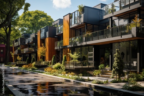 sleek and contemporary American urban townhouse, emphasizing efficient use of space, minimalist design, and vertical living that fits within a vibrant city neighborhood.Generated with AI