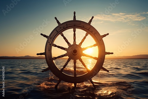 boat wheel with sun shining