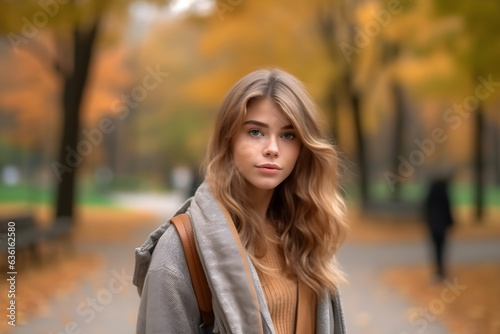 Portrait of young woman walking in autumn park, Happy attractive young woman in a warm clothes smiling and walking in nature in an autumn park in autumn