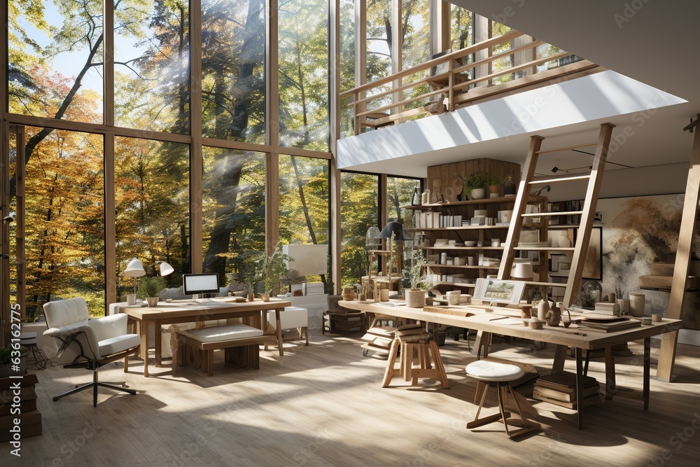 Naklejka premium Nordic-inspired artist's studio, emphasizing simplicity and a connection to nature, Generated with AI
