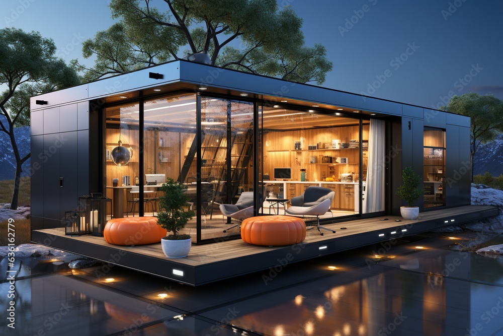 container house that adapts to different climates. Show how it can be customized for both cold and warm environments, with efficient insulation and climate control systems. Generated with AI - obrazy, fototapety, plakaty 
