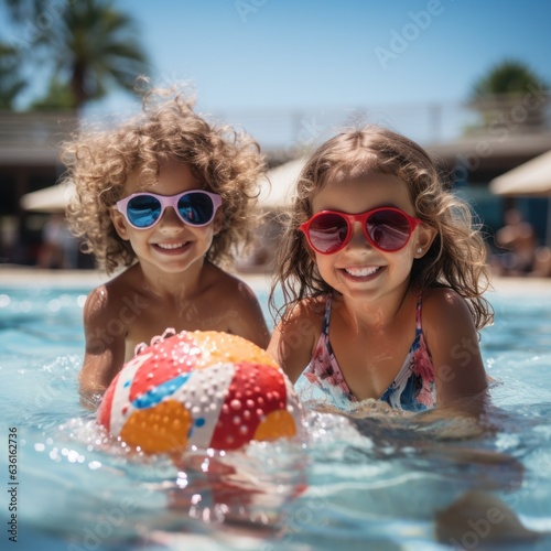 two little girls wearing swimsuits and hats and sunglasses playing with balls in the swimming pool. vacation details of kids © aboutmomentsimages