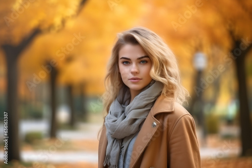Portrait of young woman walking in autumn park, Happy attractive young woman in a warm clothes smiling and walking in nature in an autumn park in autumn