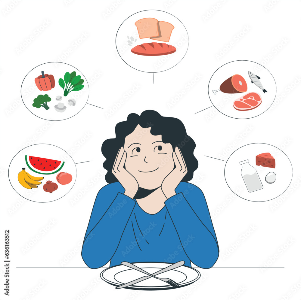Eating Routine Imagine Smiling woman sit at table and think of variety of food to order. Happy ...