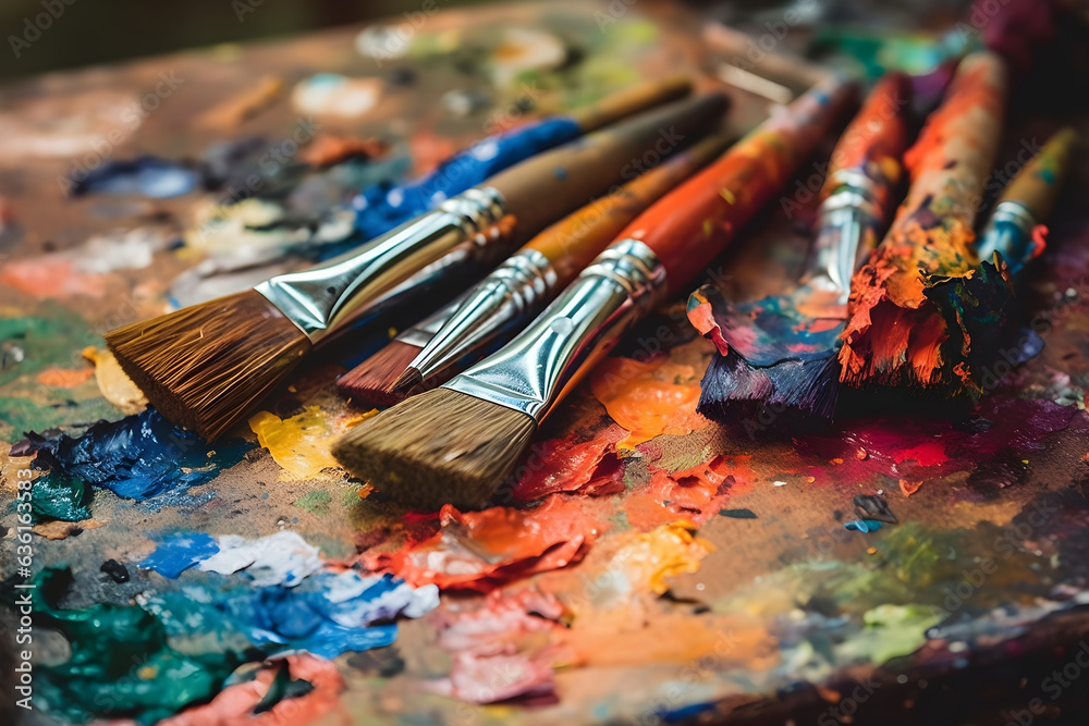 Close up of art palette and a paintbrush on artist canvas covered with oil paints Close up of art palette and a paintbrush on artist canvas covered with oil paints