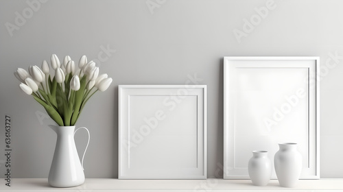 Close up of white frame poster mock up on table with glass vase on dark wall background © AspctStyle