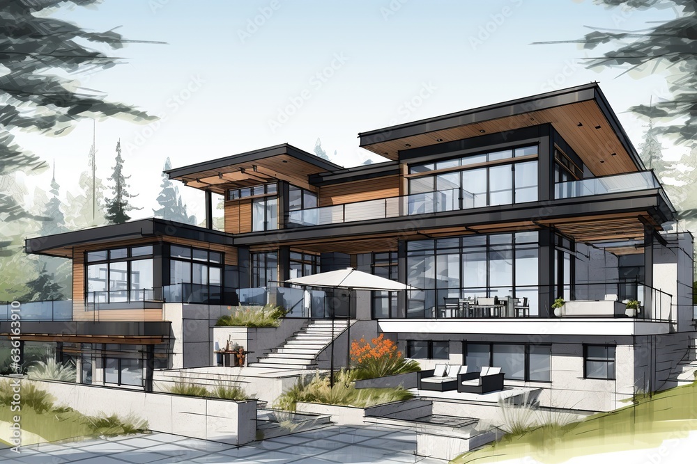 Sketch a modern home design that combines sleek lines, large windows, and open spaces. Embrace minimalist aesthetics while integrating innovative technology for smart living.Generated with AI