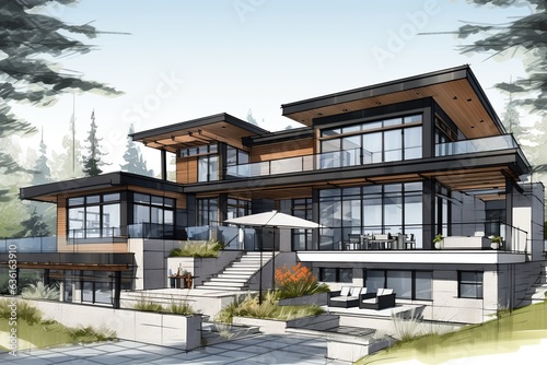 Sketch a modern home design that combines sleek lines, large windows, and open spaces. Embrace minimalist aesthetics while integrating innovative technology for smart living.Generated with AI © Chanwit