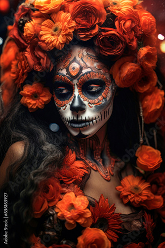 Generative AI illustration of a beautiful Mexican woman made up for the day of the dead © Eduardo Lopez