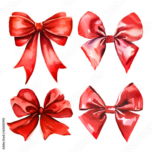 Watercolor collection of red bows, set vector