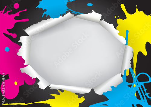 Ripped paper frame with CMYK colors ink splashes, round hole, 
Illustration of expressive banner template, place for your image or text. Concept for presenting color printing. Vector available.