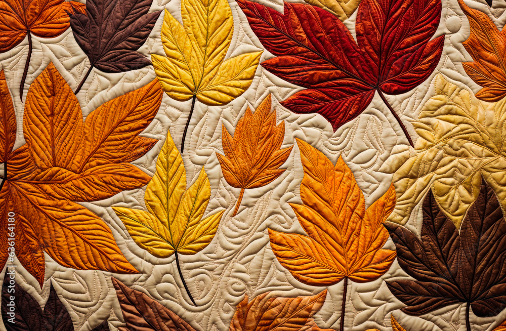 Fototapeta premium Generative AI illustration of leaves with fall and winter colors viewed from above textured