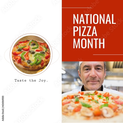 National pizza month, taste the joy text with pizzas and smiling senior caucasian male chef