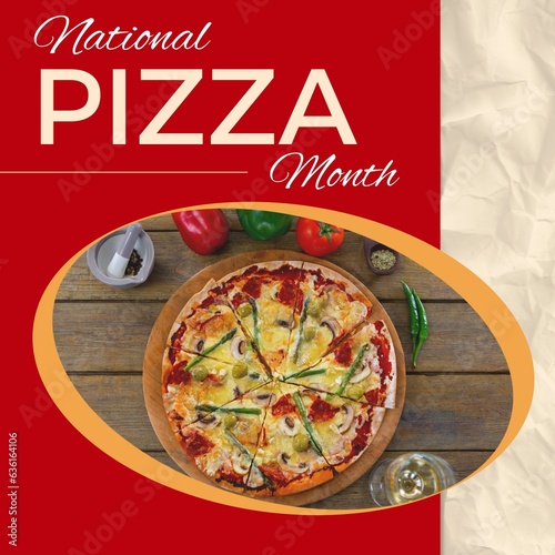 National pizza month text on red with overhead of pizza and ingredients on wooden table photo