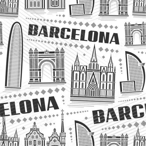 Vector Barcelona Seamless Pattern, square repeating background with illustration of famous european barcelona city scape on white background, monochrome line art urban poster with black text barcelona