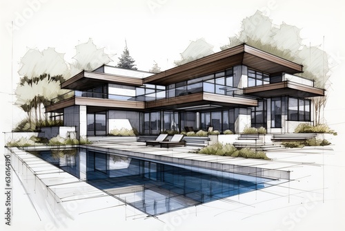 Sketch a modern home design that combines sleek lines, large windows, and open spaces. Embrace minimalist aesthetics while integrating innovative technology for smart living.Generated with AI © Chanwit