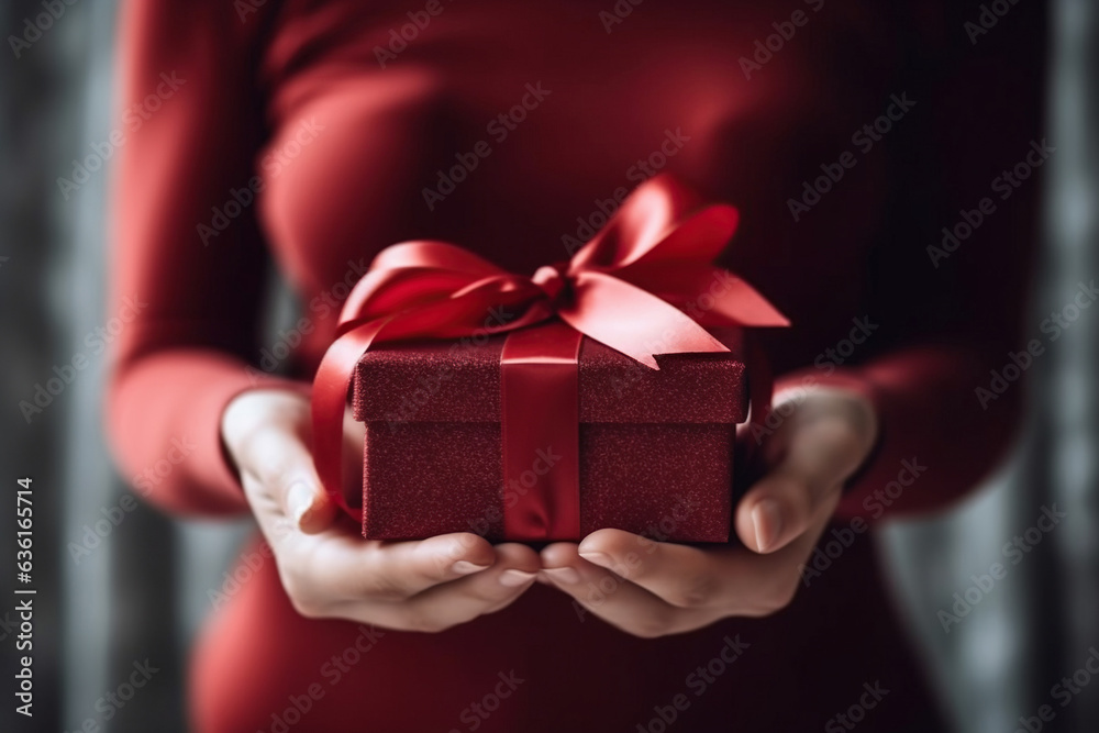 Female hands with present box holiday background Female hands with present box holiday background