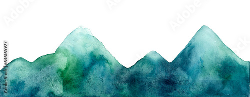 Panorama of mountains on a white background. Blue and turquoise colors. Watercolor blurs. Different shades and gradients. Splashes of green. The tops of the mountains are lighter, the bottom is darker